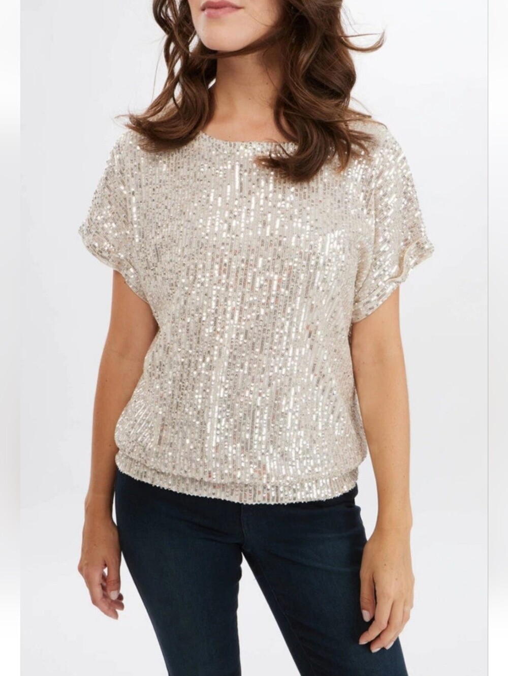 Frank Lyman Montreal Design Sequin Short Sleeve Top in Champagne Gold